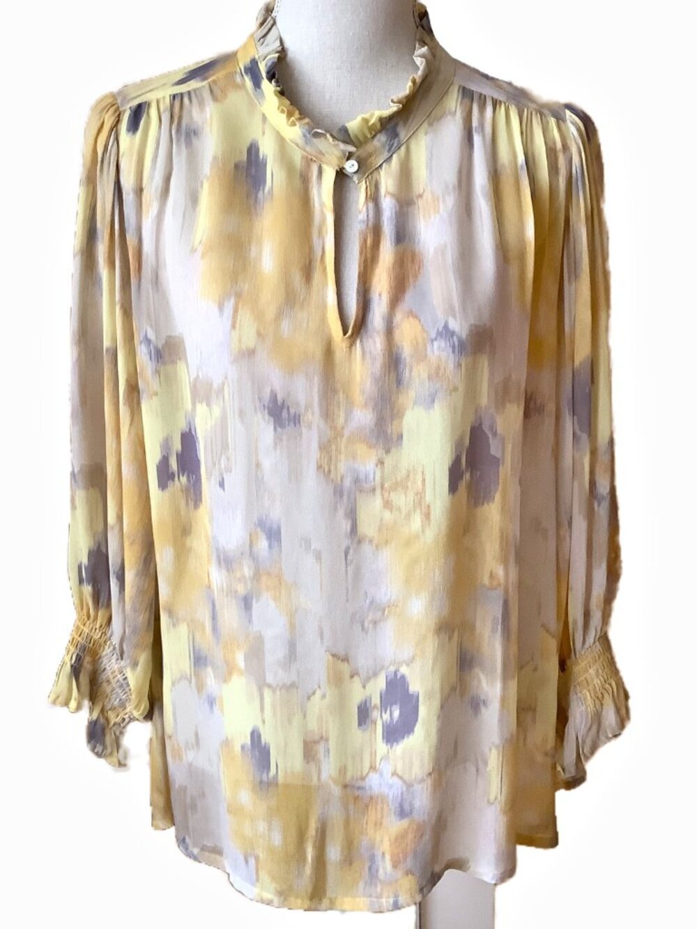 PART TWO Copenhagen Watercolor Ruffle Neck Blouse Sheer Yellow EU 42 US 10 L
